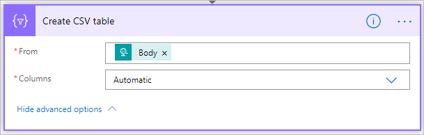 Die Aktion „CSV-Tabelle“ konfigurieren Screenshot der Konfiguration der Aktion „CSV-Tabelle erstellen“. „Von“ ist auf „Body“ und „Spalten“ auf „Automatisch“ eingestellt.
