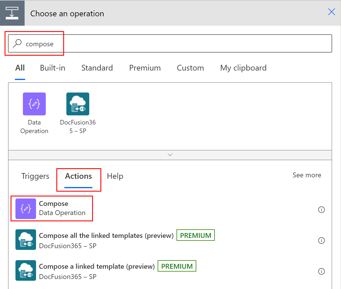 Verfassen – Datenvorgangsaktion Screenshot der Suche nach und Auswahl der Aktion „Verfassen“