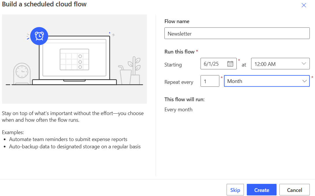 Screenshot Erstellung des geplanten Cloud-Flow Bildschirms.