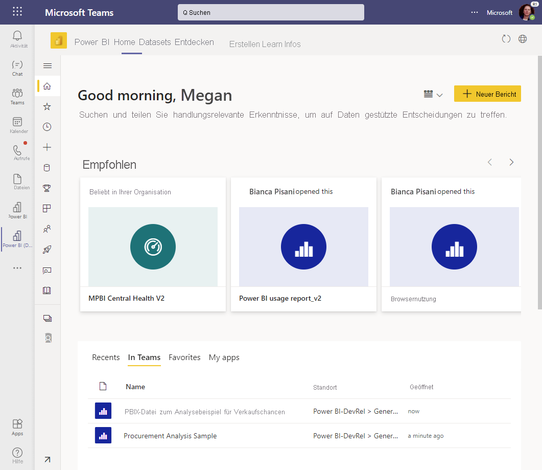 Screenshot of the Power BI app home page in Microsoft Teams showing the In Teams tab selected.