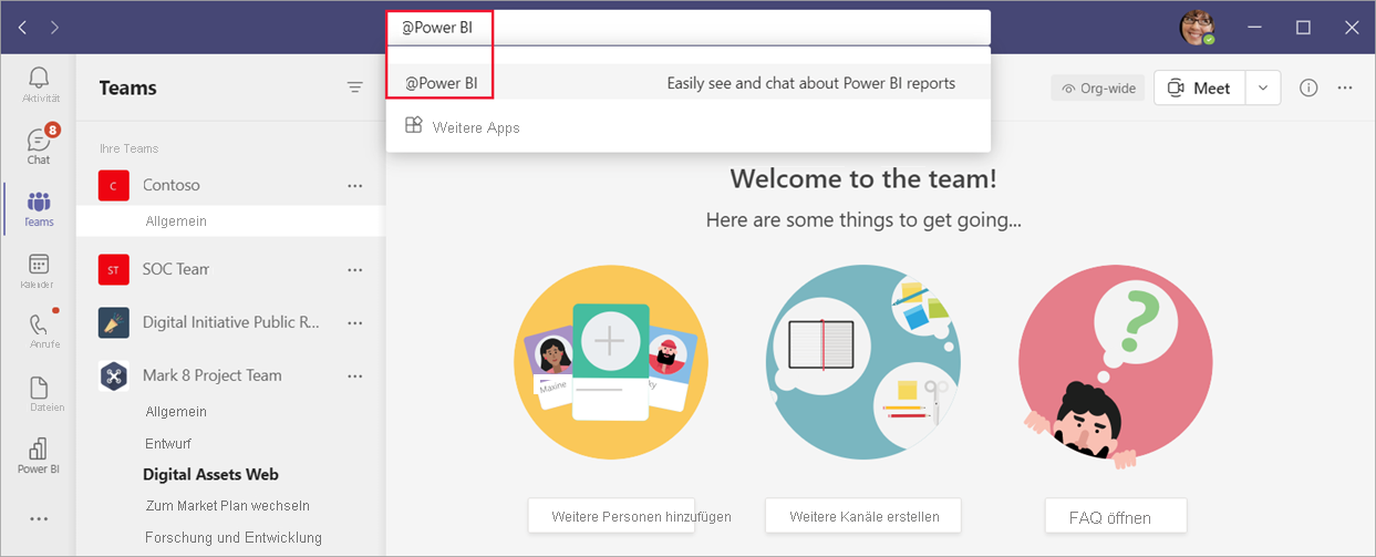 Screenshot of the Teams page with @Power BI entered and highlighted in the Teams search bar.