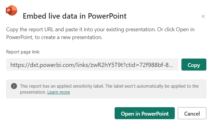 Screenshot, der das Einbetten von Livedaten im PowerPoint-Dialogfeld zeigt