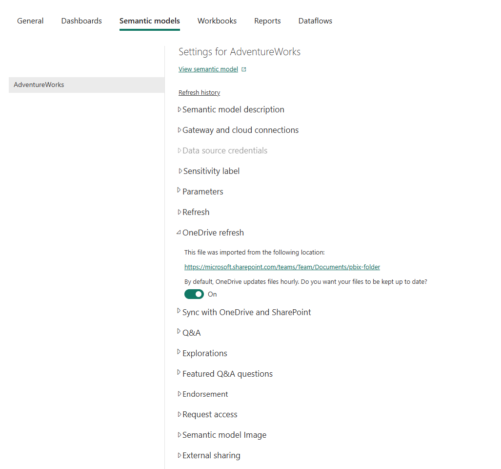 Screenshot der Einstellungen des semantischen Modells, der den geöffneten OneDrive-Aktualisierungsabschnitt anzeigt.