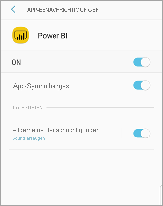 Screenshot shows an Android phone screen titled Power B I where you can allow and manage notifications.