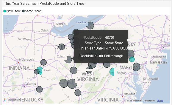 Screenshot zeigt die QuickInfo einer Markierung auf der Karte mit Details zu diesem Bereich.