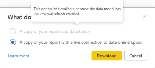 Screenshot des Dialogfelds für Berichte, die auf einem für die inkrementelle Aktualisierung konfigurierten Semantikmodell basieren.