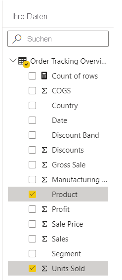 Screenshot showing Your data pane with fields selected.