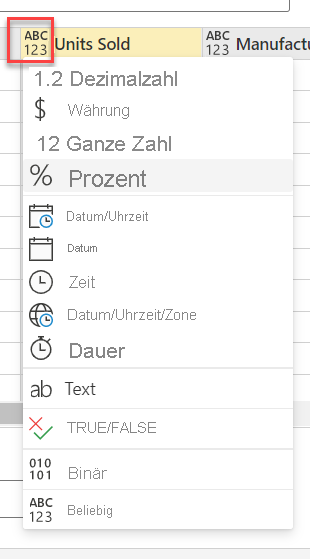 Screenshot showing the Data type options for a column.