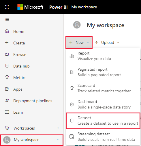 Screenshot of the Power BI service, highlighting New and Semantic model.