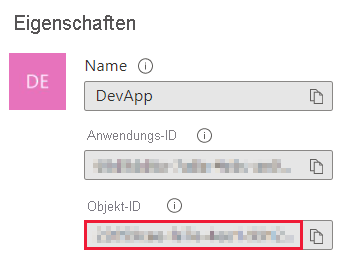 Screenshot des Azure-Portalfensters, in dem die Prinzipalobjekt-ID im Eigenschaftenabschnitt im Blatt 