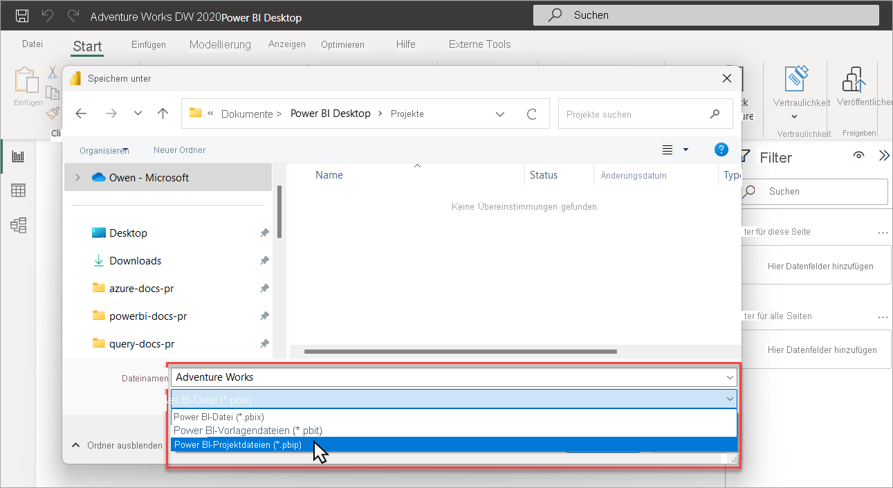 Screenshot mit der Option zum Speichern einer Datei als Power BI-Projekt