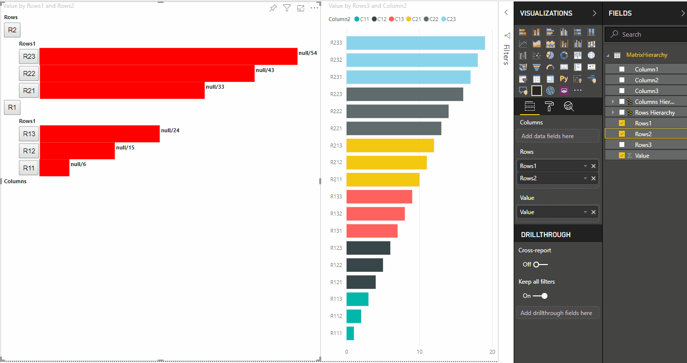 Animation: Auswahl von Datenpunkten im Visual mit Zuordnung und Hervorhebung von Matrixdaten in der Ansicht.