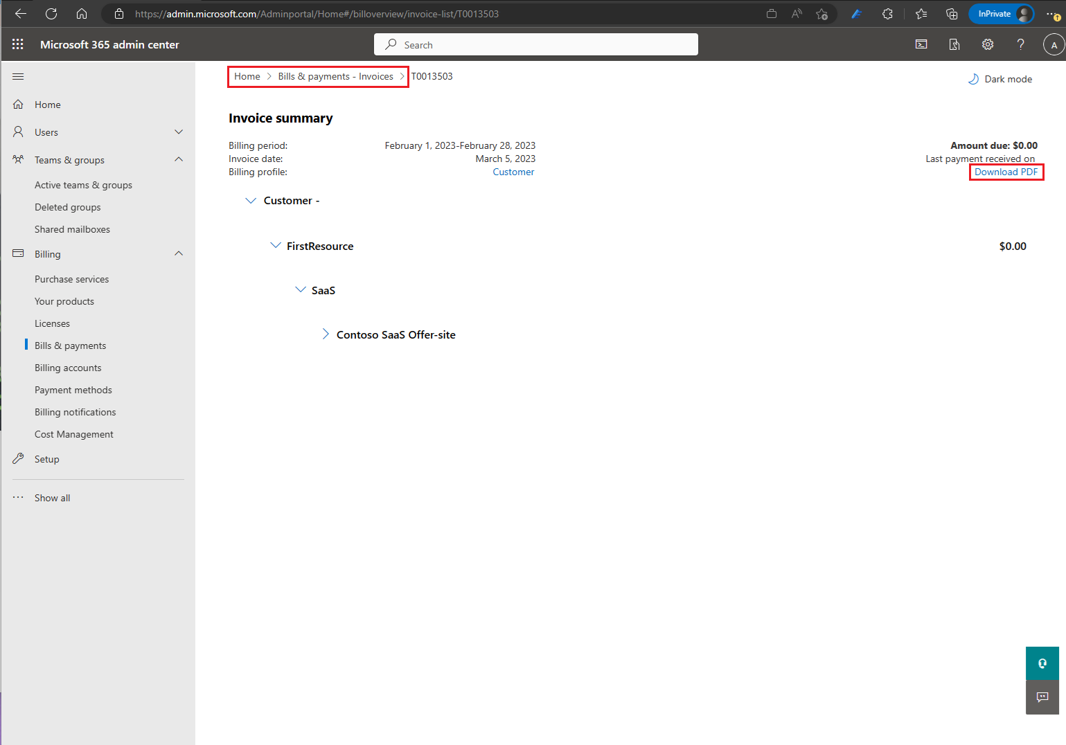 Screenshot: Seite „Rechnungen und Zahlungen“&nbsp;> „Rechnungen“ mit dem Link „PDF herunterladen“ in der oberen rechten Ecke.