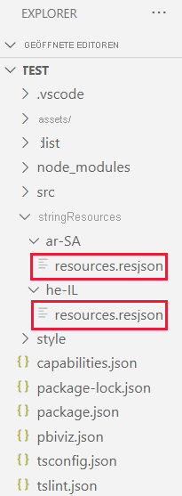 A VS code screenshot of a visual project folder. Each sub-folder in the string resources folder has a resources dot resjson file.