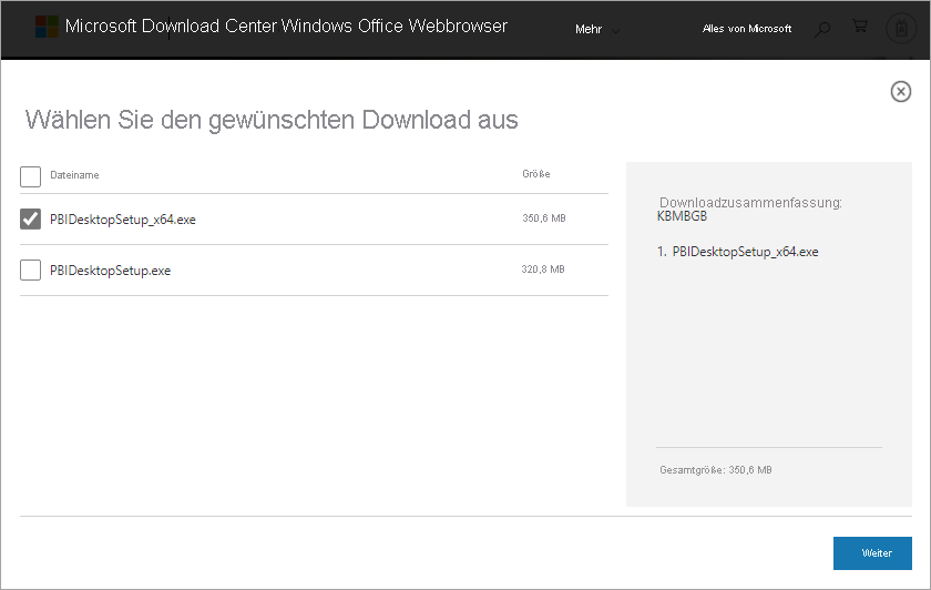 Screenshot of Download Center showing the 64-bit Power BI Desktop download selected.