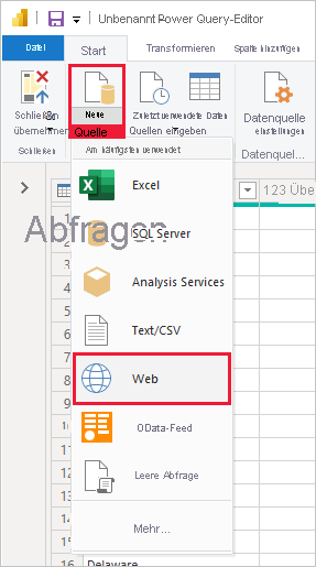 Screenshot of Power B I Desktop showing the Power Query Editor selecting Web from New Source.