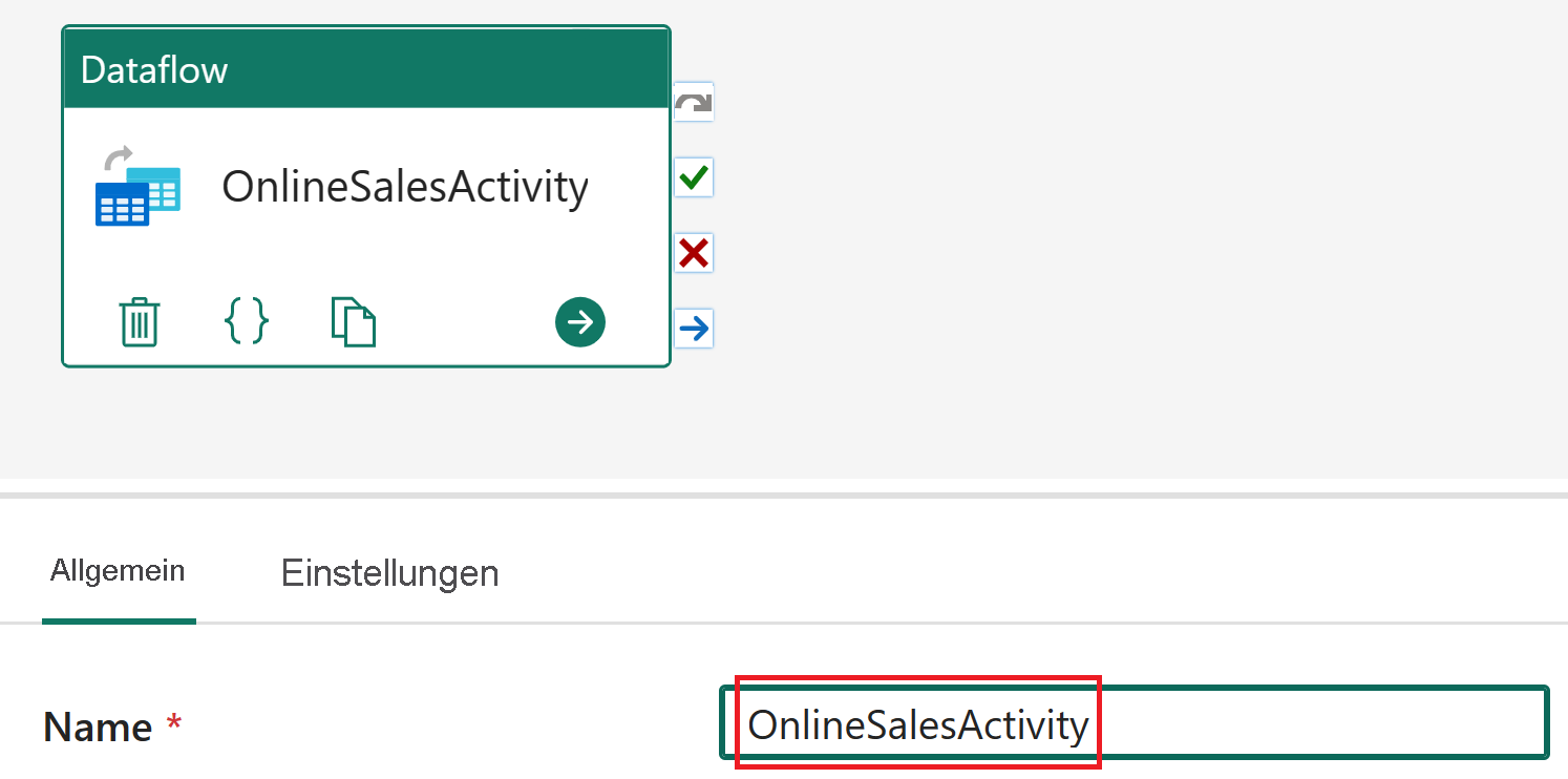 Screenshot der Benennung einer Datenflussaktivität.