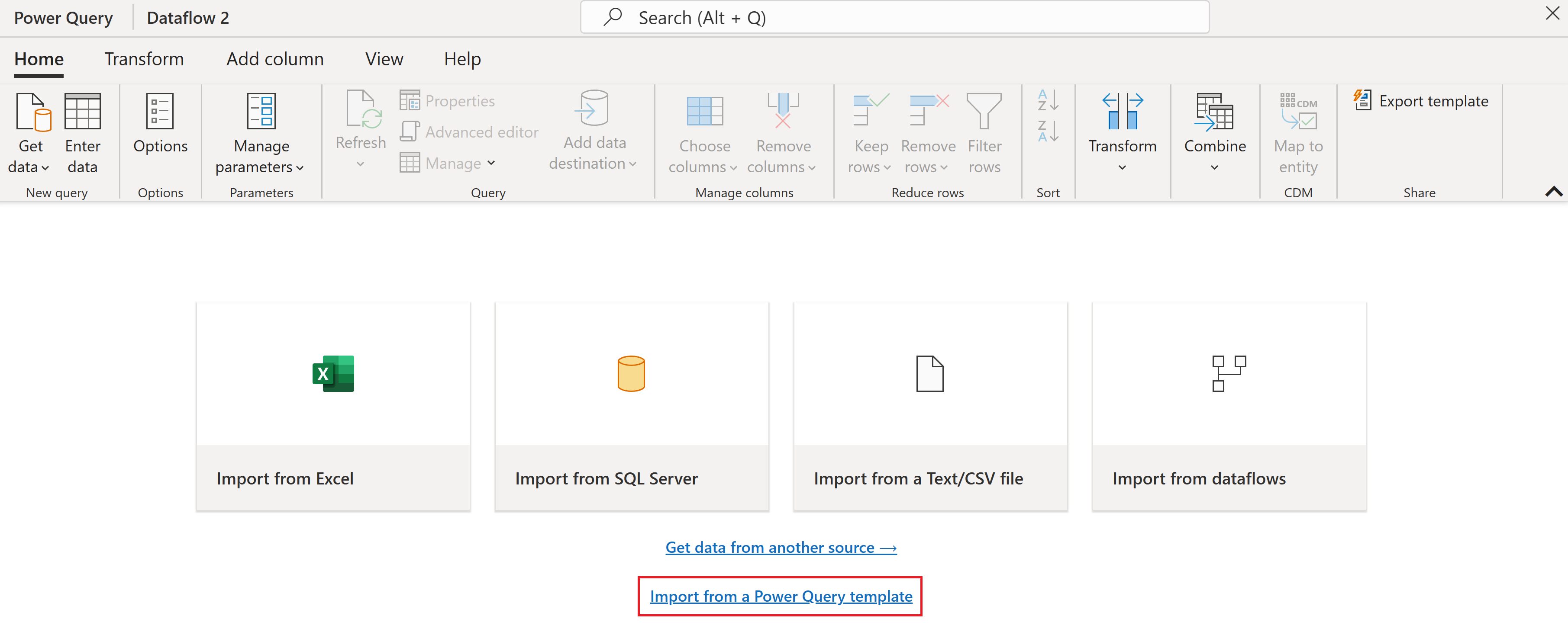 Screenshot des Importierens einer Power Query-Vorlage.