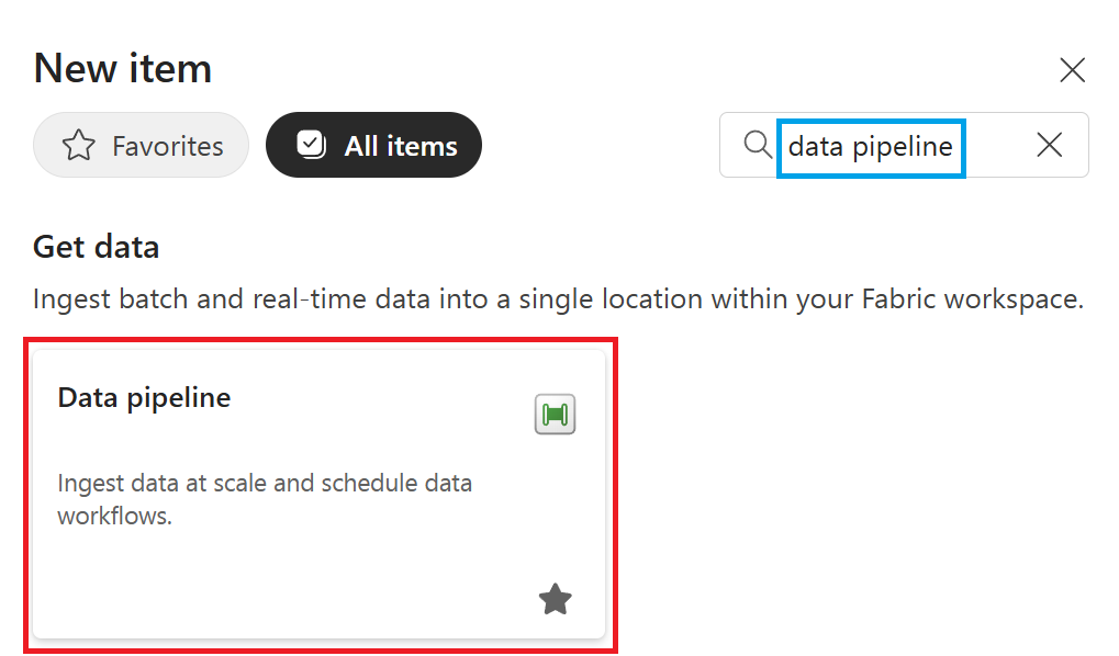 Screenshot der Auswahl der Datenpipeline als neues Element.