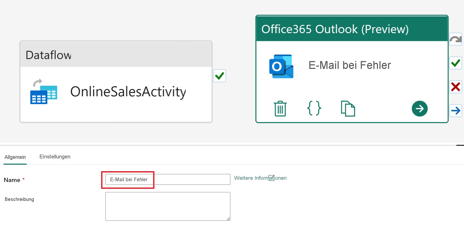 Screenshot der Benennung der Office365 Outlook-Aktivität.