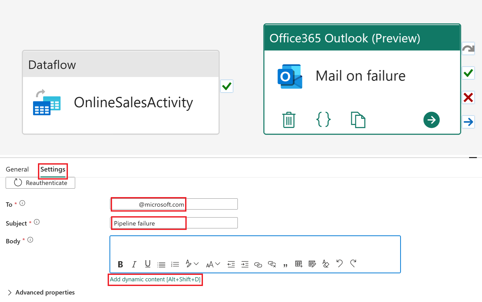 Screenshot der Office365 Outlook-Aktivitätseinstellungen.
