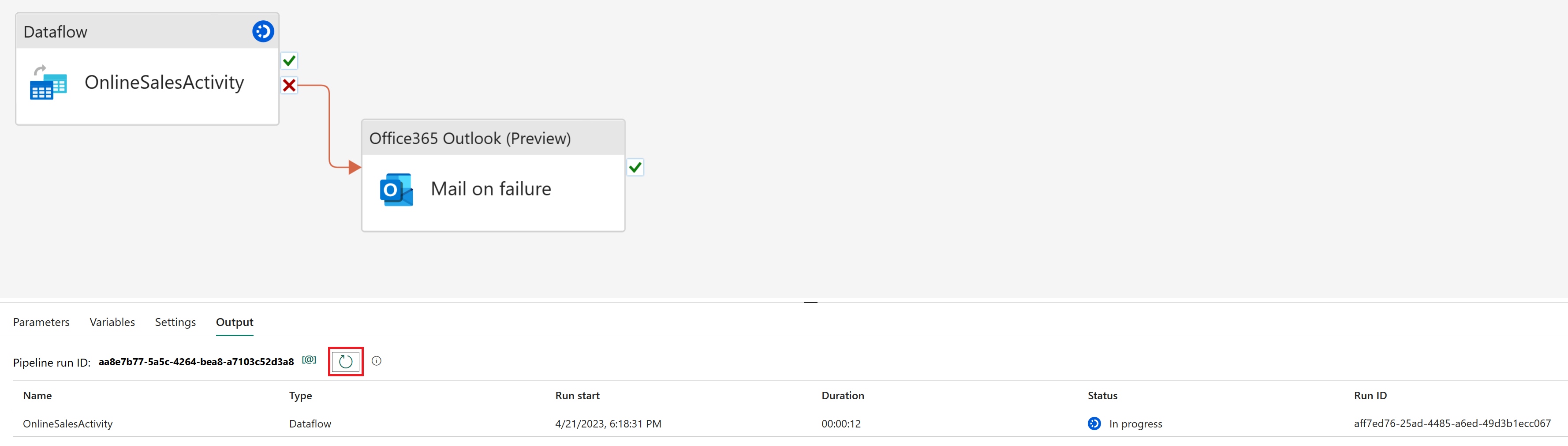Screenshot des Fortschritts bei der Pipelineaktivität.