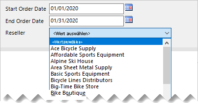 Screenshot of Power BI paginated report parameters showing three report parameters: Start Order Date, End Order Date, and Reseller.