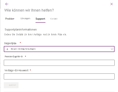 Screenshot der Registerkarte „Support“ mit der Option „Neuen Vertrag hinzufügen“.