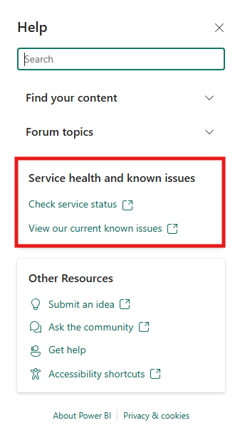 Screenshot von Links zum Dienststatus und bekannten Problemen im Hilfebereich.