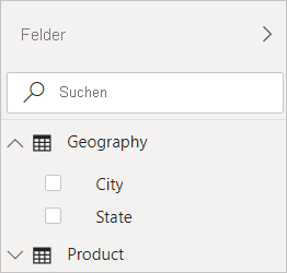 Screenshot of Power BI Desktop showing the Geography filter in the Fields view.