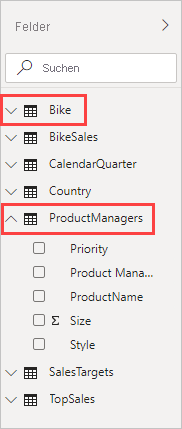 Screenshot of the Fields pane with the Bike and ProductManagers fields selected.