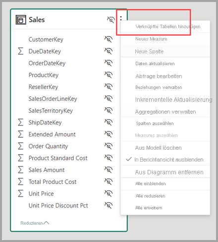 Screenshot der Optionen zum Hinzufügen verwandter Tabellen, nachdem Sie mit der rechten Maustaste auf eine Tabelle geklickt haben.