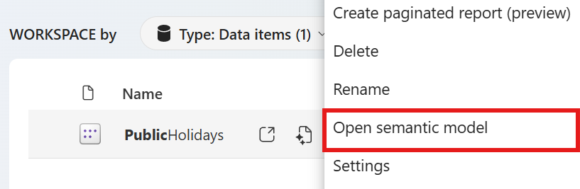 Screenshot des Öffnens des Datenmodells aus dem OneLake-Katalog.