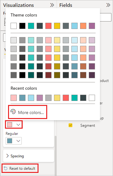 Screenshot des Farbsteuerelements mit geöffneter Farbauswahl und Optionen für weitere Farben und Zurücksetzen auf standard.