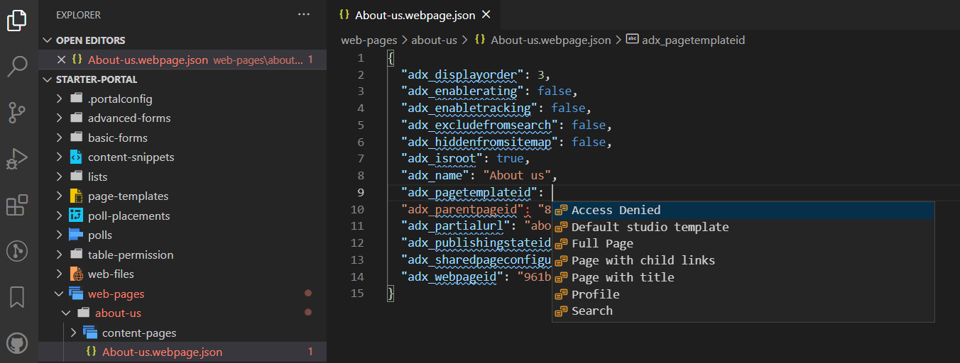 Screenshot mit einer Beispiel für die AutoVervollständigen-Funktion der Seitenvorlagen-ID.