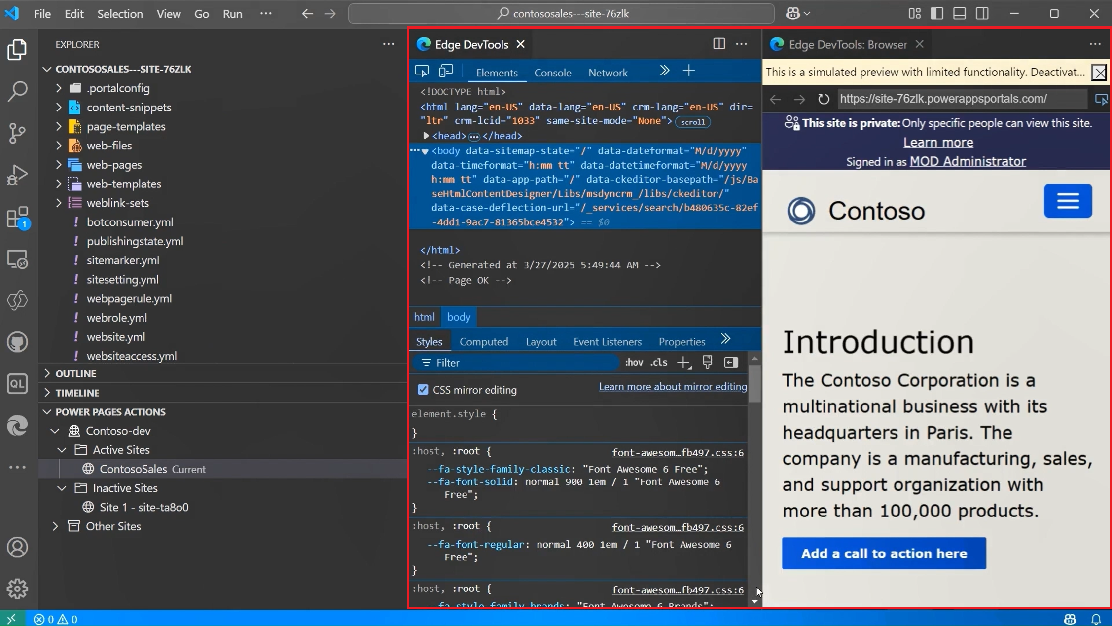 Screenshot, der die Dateiliste, die geöffnete Datei im Visual Studio Code Editor und eine Vorschau auf der rechten Seite zeigt.