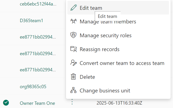 Screenshot der Auswahl der Option „Bearbeiten“ für ein Team.