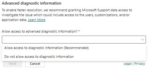 Screenshot einer Supportanfrage mit hervorgehobener Option „Zugriff für erweiterte Untersuchung und Erstellung einer Supportumgebung zulassen“.