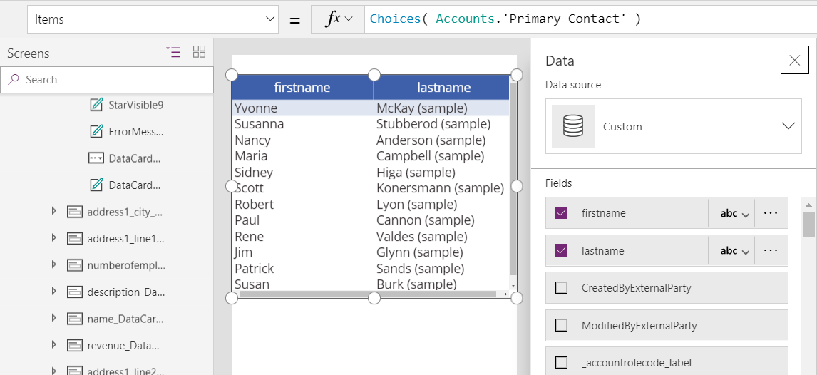 Ein Canvasbildschirm mit einem Datentabellensteuerelement. Die Items-Eigenschaft ist auf die Formel Choicesfestgelegt ( Accounts.'Primary Contact' ), und in der Tabelle werden die Spalten Vorname und Nachname für die erste Gruppe von Datensätzen aus der Tabelle Kontakte angezeigt.
