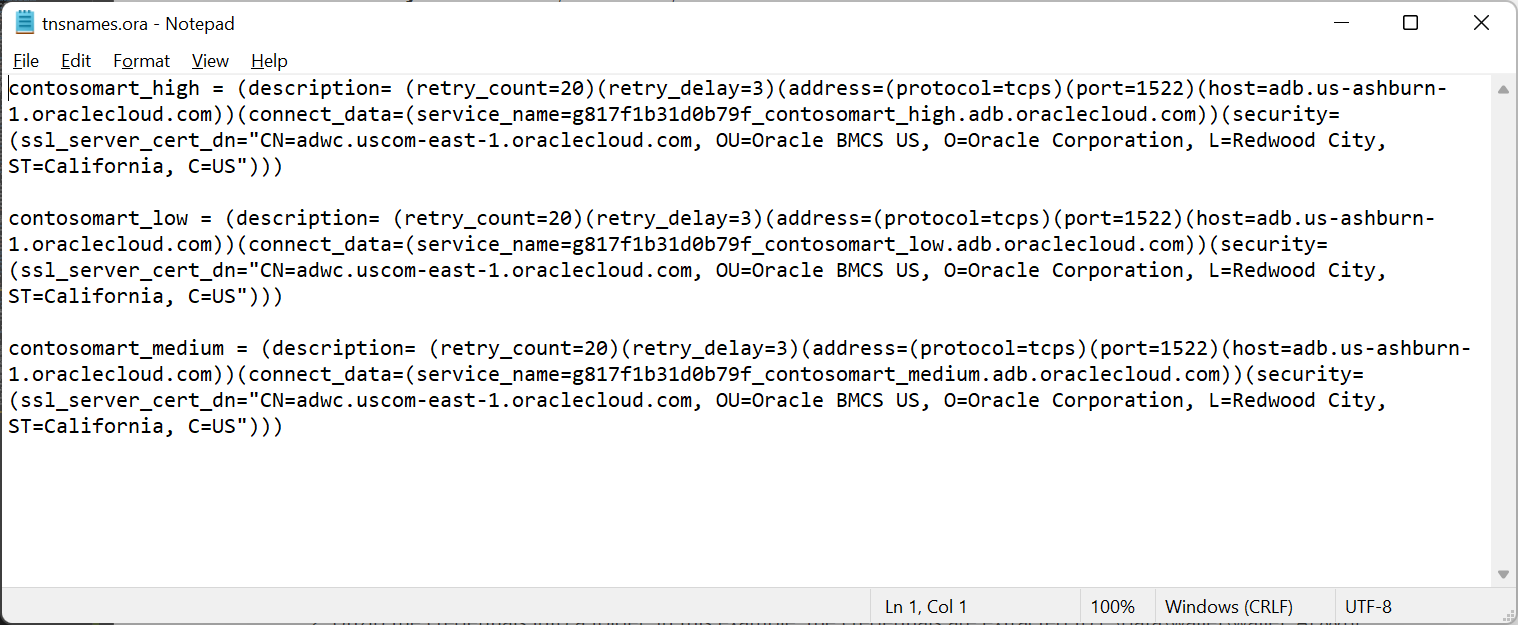 Screenshot mit drei Beispiel-TNS-Namen, contosomart_high, contosomart_low und contosomart_medium.