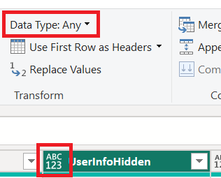 Screenshot des Datentyps 'Any' auf einer booleschen Spalte.