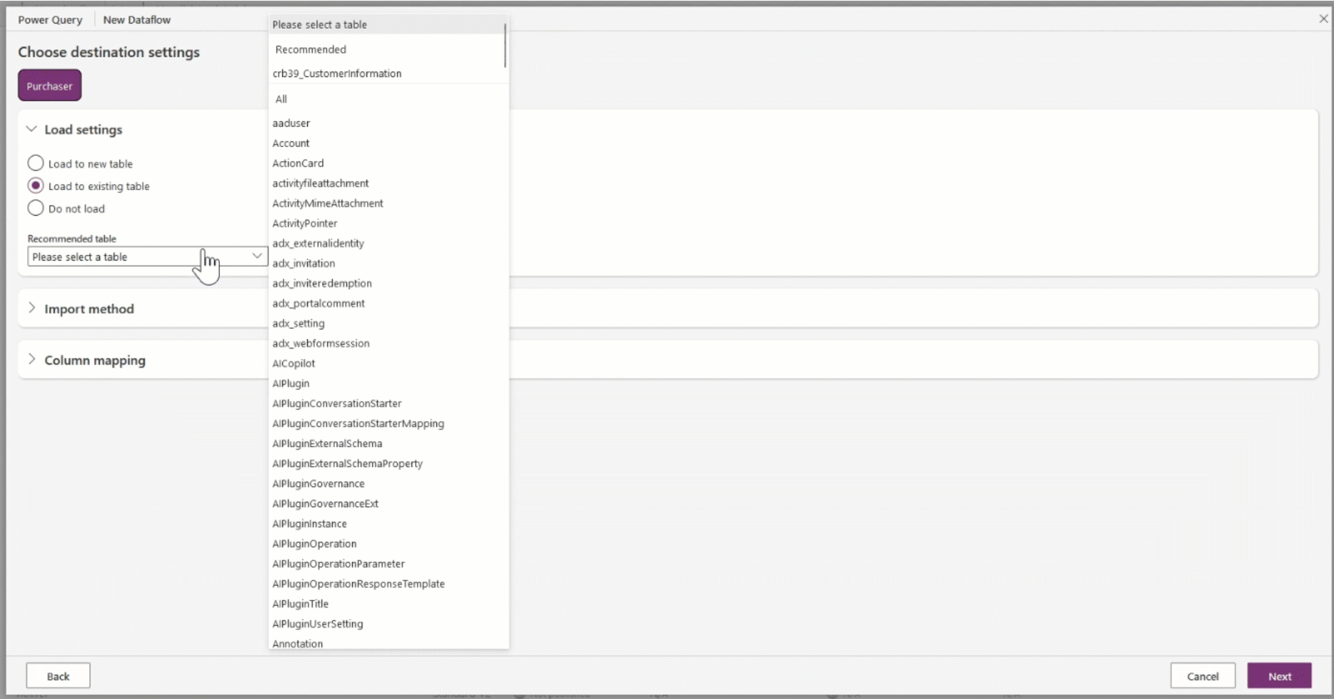 Screenshot des Dialogfelds „Zieleinstellungen wählen“ mit den empfohlenen Tabellen.