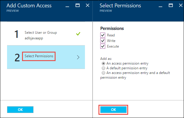 Screenshot: Blatt „Benutzerdefinierten Zugriff hinzufügen“ mit hervorgehobener Option „Berechtigungen auswählen“ und Blatt „Berechtigungen auswählen“ mit hervorgehobener Option „OK“