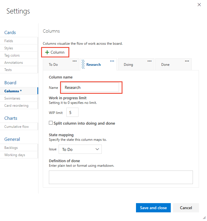 Settings,Columns dialog, Add Research column