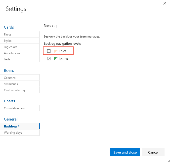 Settings,Backlogs dialog, Turn Epics off