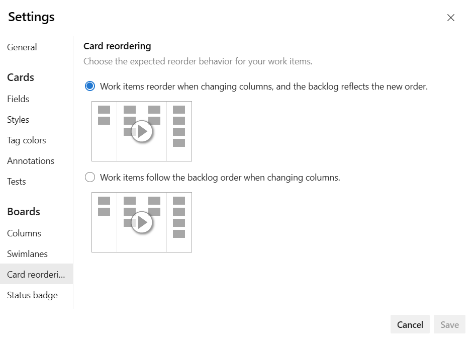 Screenshot showing the Settings dialog and Card reordering dialog.