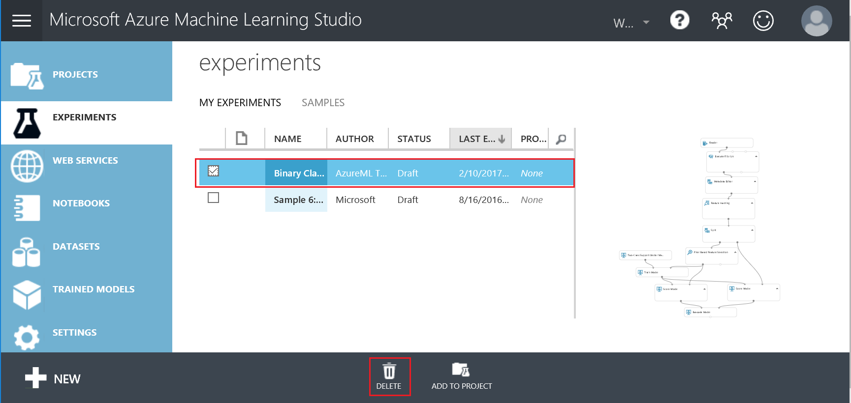 Löschen von Objekten in Machine Learning Studio (klassisch)