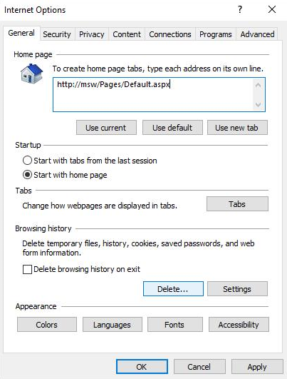 Screenshot des Fensters „Internetoptionen“. Unter der Registerkarte „Allgemein“ im Abschnitt „Browserverlauf“ ist die Schaltfläche „Löschen“ hervorgehoben.