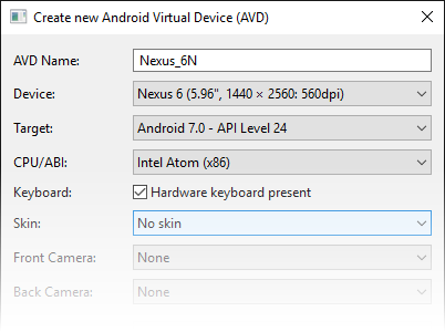 Konfigurieren eines AVD für ein Nexus 6-Gerät, Android 7.0 als Ziel und Intel Atom x86 CPU/ABI