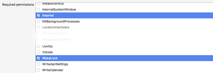 Aktivieren von Internet- und WakeLock-Berechtigungen Erforderliche Berechtigungen